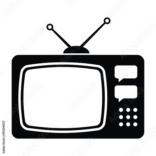 Retro black television icon with antenna, speech bubbles, and controls, symbolizing vintage communication, broadcasting, entertainment, and discussion in a clean vector style.