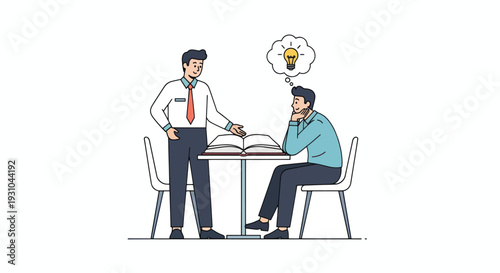 Man Sitting at Desk with Colleague Discussing Idea.