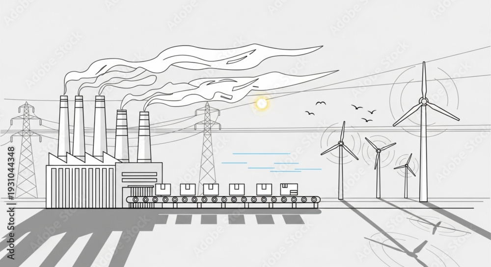 Fototapeta premium Industrial factory with wind turbines and smoke stacks illustration.