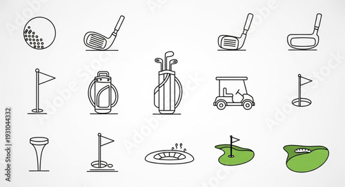 Collection of Golf Equipment and Course Elements Icons.