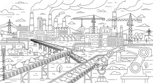 Detailed sketch of a busy industrial city with bridges and buildings.