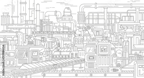 Industrial factory complex with pipes and buildings illustration.
