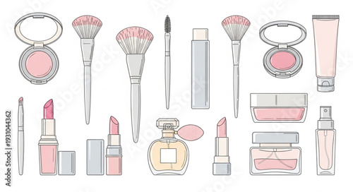 Collection of elegant makeup and cosmetic products for beauty.