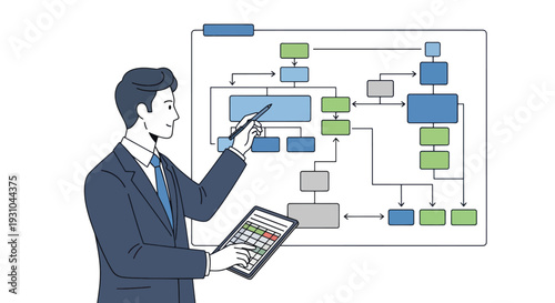 Businessman presenting a flowchart diagram on a whiteboard.