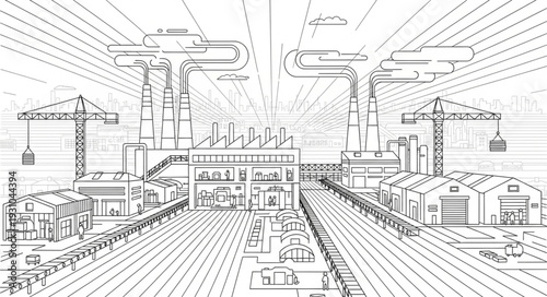 Industrial factory complex with cranes and buildings in sketch style.