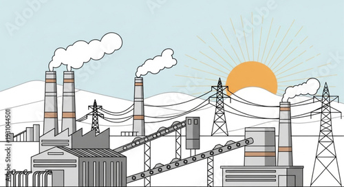 Industrial factory with smoke stacks and power lines at sunset.