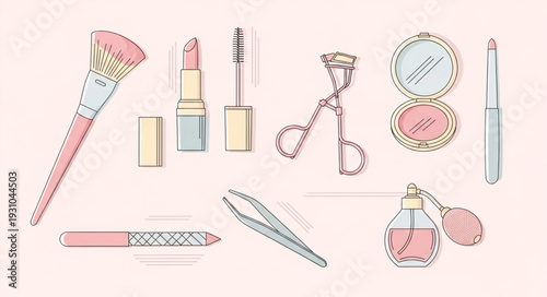 Collection of makeup and beauty products arranged on a light background.