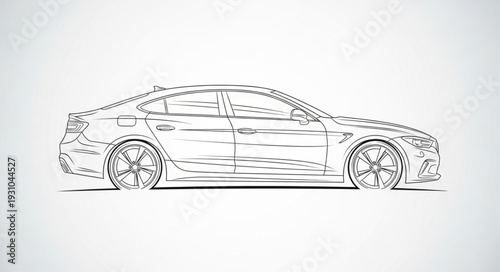 Modern Sedan Car Sketch Side View Outline Drawing.
