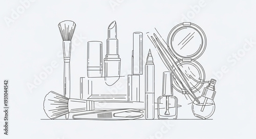 Collection of makeup products and brushes for beauty application.