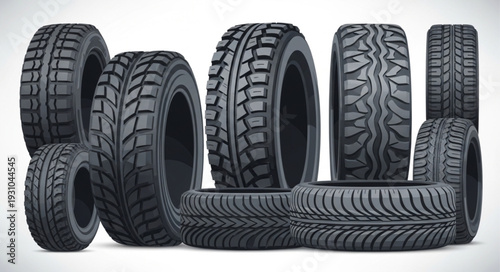 Collection of various car tires and off road tires.