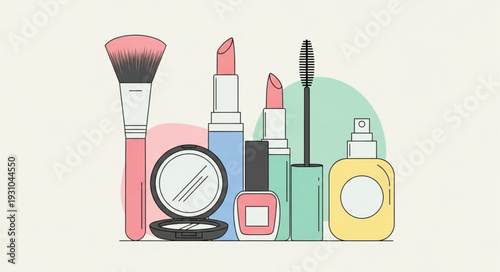 Collection of makeup and cosmetic products for beauty.