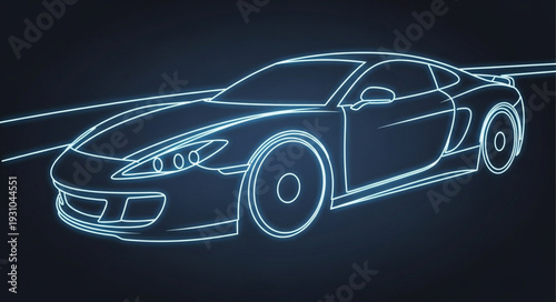 Sleek Sports Car Outline Glowing Neon Blue on Dark Background.