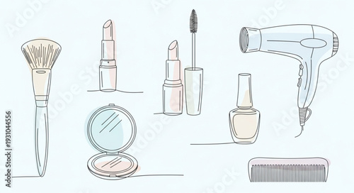 Collection of cosmetic beauty products and tools for makeup application.
