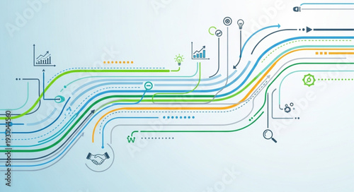 Abstract digital network lines with icons representing data flow.