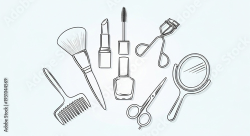 Collection of beauty and makeup tools arranged on a white background.
