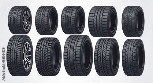 Collection of various car tires and wheels on white background.