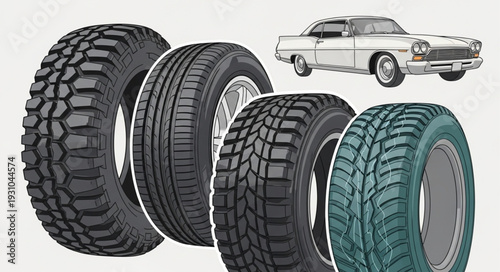 Set of four different car tires and a vintage automobile.