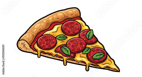 Delicious slice of pepperoni pizza with melted cheese and basil.