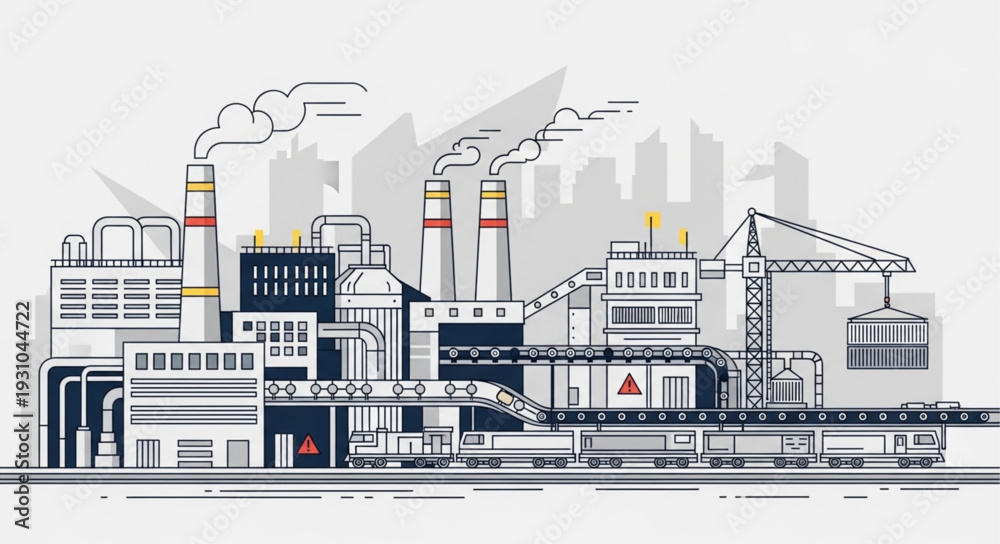 Obraz premium Modern industrial factory complex with train and crane.