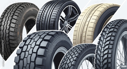 Collection of various car tires and wheels for automotive.