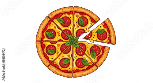 Delicious Pepperoni Pizza with Fresh Basil Topping.