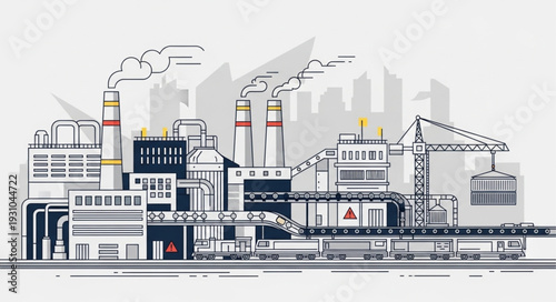 Modern industrial factory complex with train and crane.