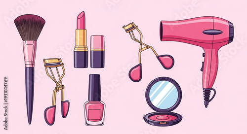 Collection of beauty products and tools for makeup application.