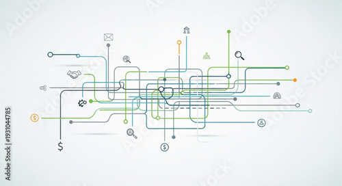 Abstract network of lines and symbols representing data flow.