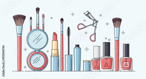 Collection of makeup products and tools for beauty.