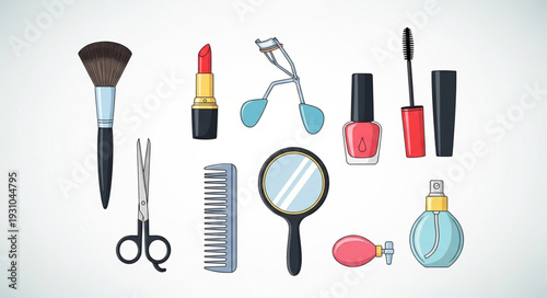 Collection of essential makeup and beauty tools arranged neatly.