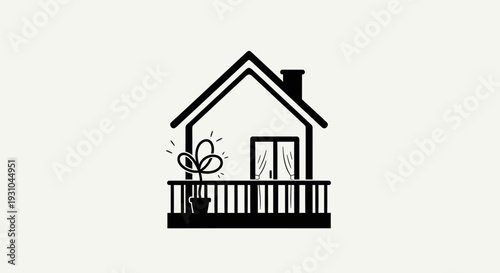Minimalist Black House Icon with Balcony and Plant