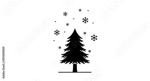 Minimalist Black Silhouette of a Christmas Tree with Falling Snowflakes on White Background