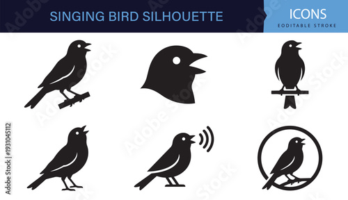 Fotografie Singing Bird Silhouette Icon Set Songbird Sound Wildlife Vector Collection