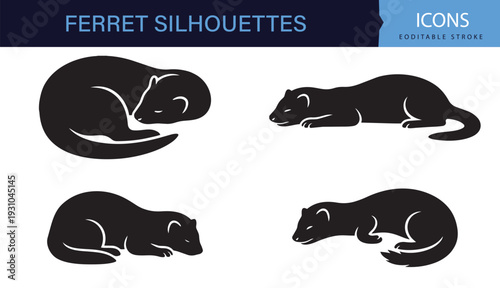 Sleeping Ferret Silhouette Icons Set Realistic Black and White Pet Collection