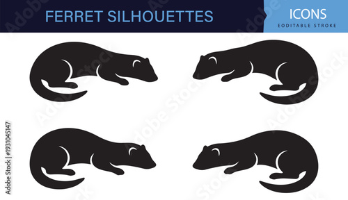 Sleeping Ferret Silhouette Set Realistic Black and White Pet Animal Collection