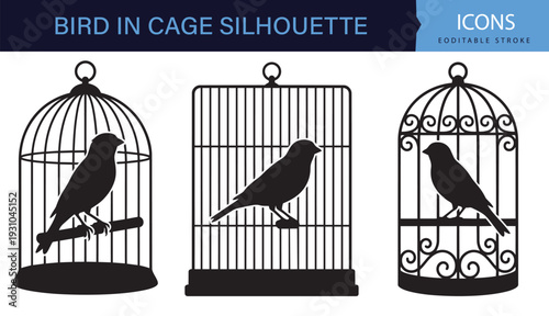 Bird in Cage Silhouette Icon Set Vintage Black and White Vector Collection