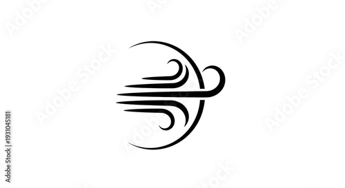 Abstract Black Wind Symbol Icon with Swirls and Lines on White Background