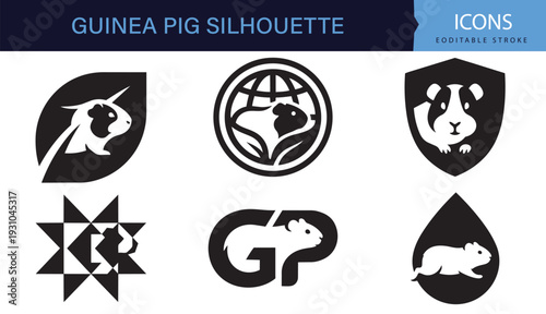 Guinea Pig Logo Silhouette Icons Set Modern Black and White Pet Emblem