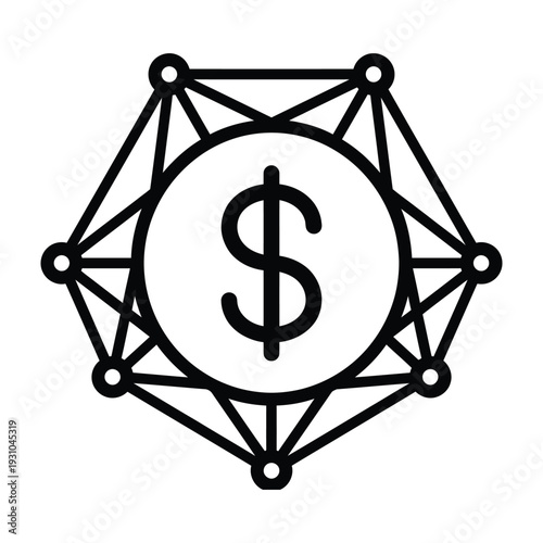 Global Financial Network and Blockchain Technology Icon with Dollar Sign in Hexagonal Grid