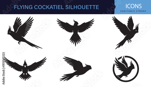 Flying Cockatiel Bird Silhouette Collection Parrot Wings Spread Pose Set