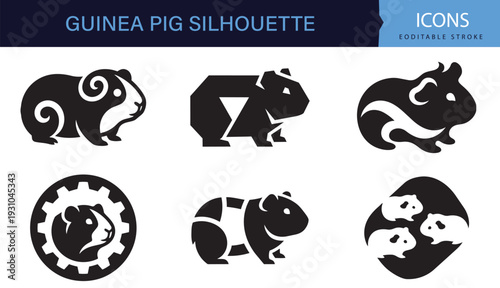 Guinea Pig Silhouette Icons Set Cute Black and White Pet Rodent Collection