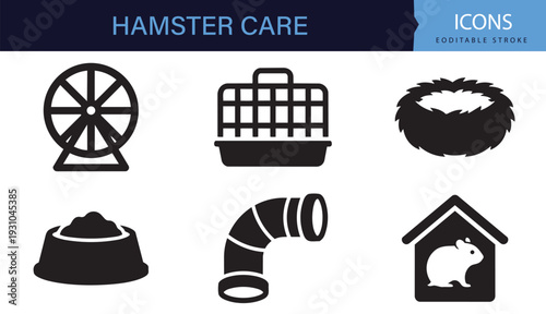 Hamster Care Icons Set Pet Accessories Black and White Collection