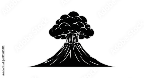 Volcano Eruption Icon, Black and White Silhouette of Exploding Mountain