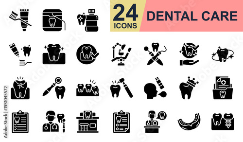 Dental Care Icons set vector illustration. Containing Tooth Brush, Dental Floss, Mouthwash, Dental Hygiene, Mouth Guard and more. Simple glyph icons collection.