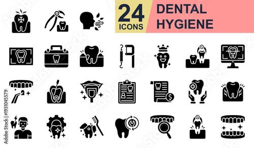 Dental Hygiene Icons set vector illustration. Containing Gum Disease, Healthy Tooth, Dental Surgery, Root Canal, Toothache and more. Simple glyph icons collection.