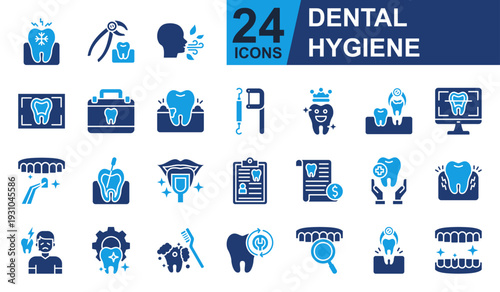 Dental Hygiene Icons set vector illustration. Containing Gum Disease, Healthy Tooth, Dental Surgery, Root Canal, Toothache and more. Simple solid icons collection.