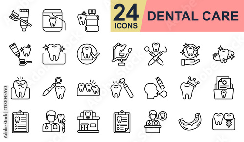 Dental Care Icons set vector illustration. Containing Tooth Brush, Dental Floss, Mouthwash, Dental Hygiene, Mouth Guard and more. Simple line icons collection.