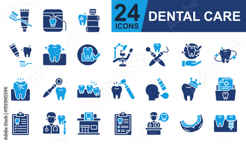 Dental Care Icons set vector illustration. Containing Tooth Brush, Dental Floss, Mouthwash, Dental Hygiene, Mouth Guard and more. Simple solid icons collection.