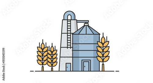 Grain Silo Storage Facility with Wheat Stalks - Agriculture and Industry Icon