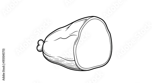 Hand-drawn illustration of a whole ham, raw meat, isolated on white background, top view